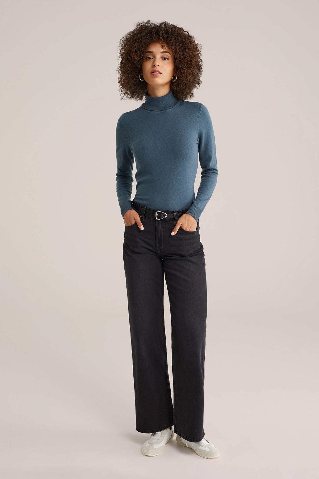 Grijsblauwe dames WE Fashion wollen coltrui fijn gebreid blauw met effen en lange mouwen