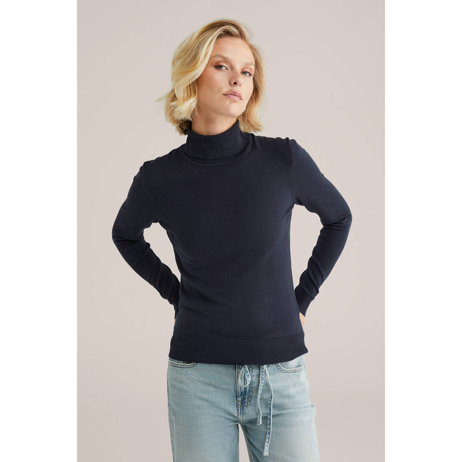 WE Fashion wollen coltrui fijn gebreid donkerblauw