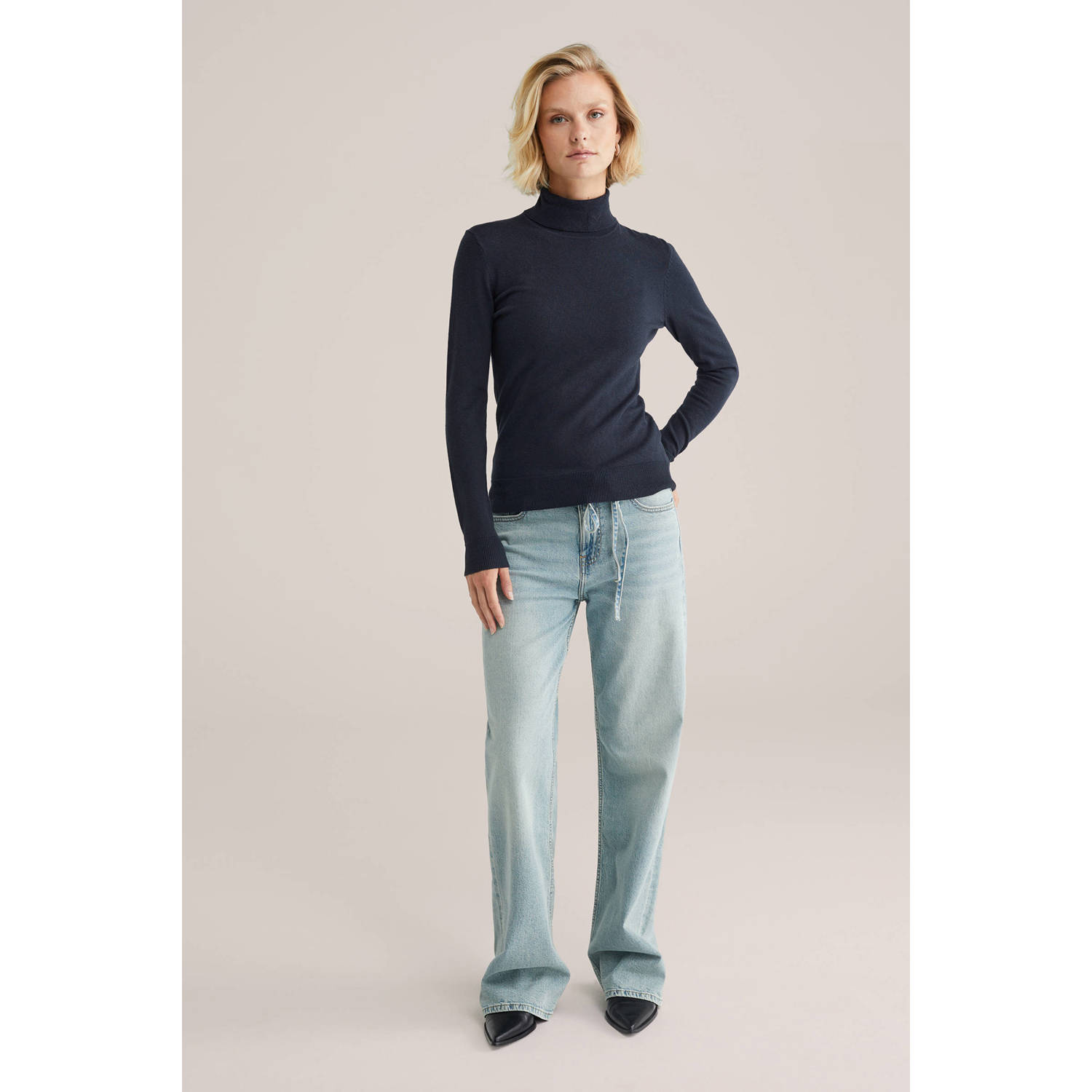WE Fashion wollen coltrui fijn gebreid donkerblauw