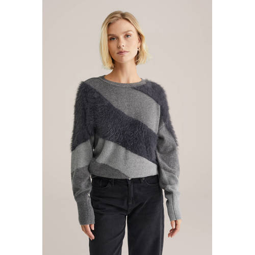 WE Fashion gestreepte pullover met wol grijs melange afbeelding