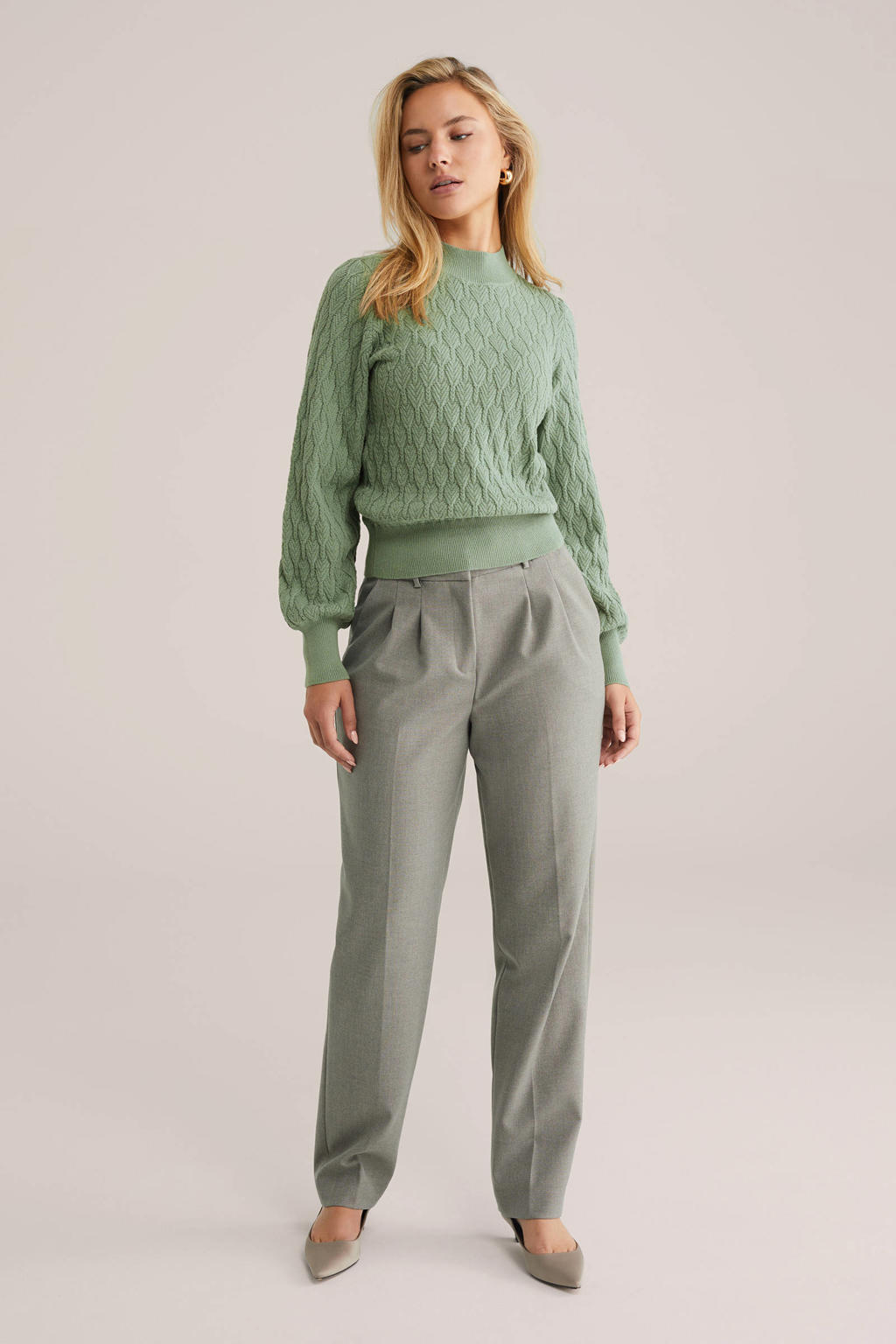 Lichtgroene dames WE Fashion trui van katoen met effen, lange mouwen, opstaande kraag en ingebreid patroon