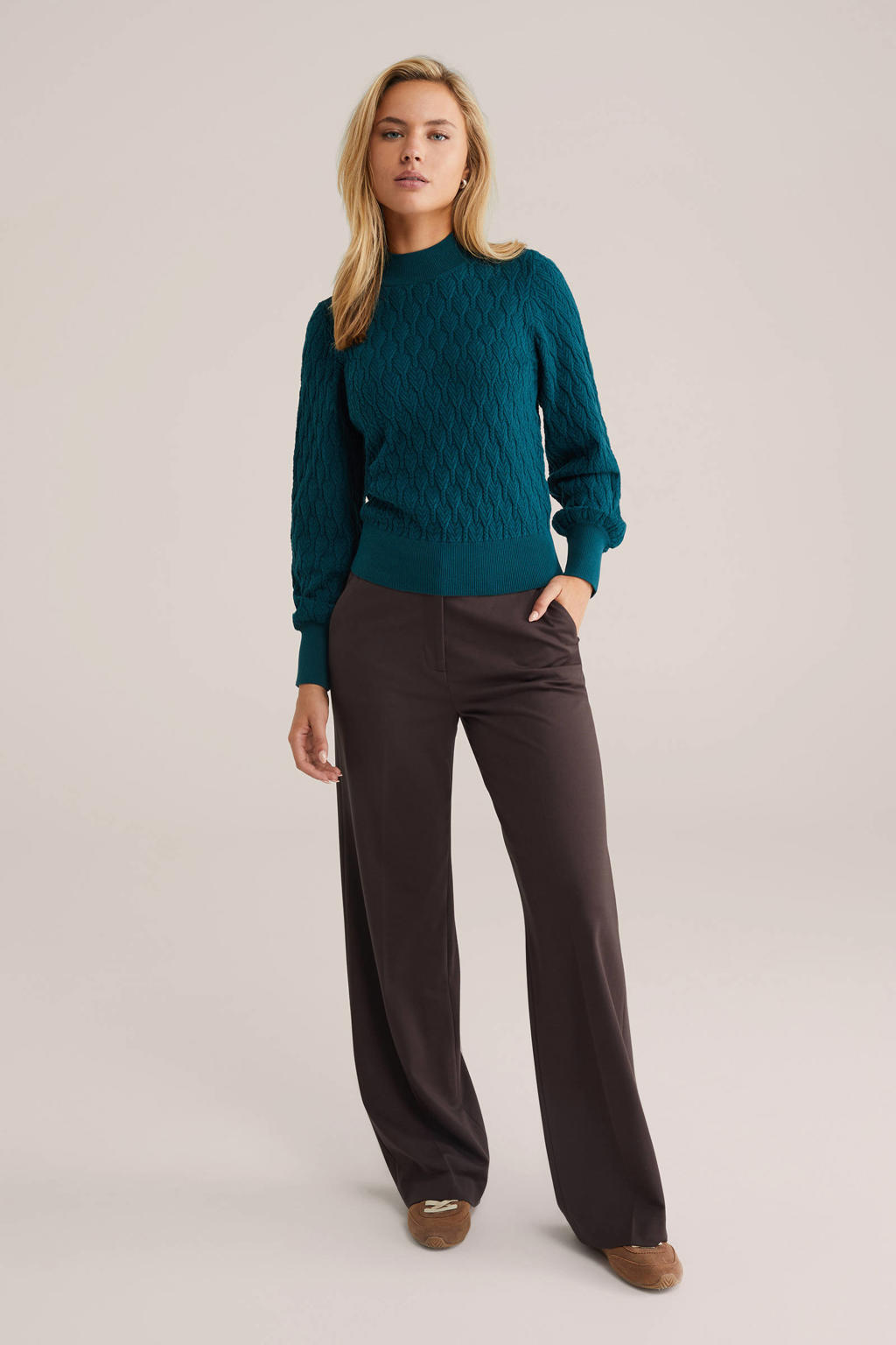 Donkerblauwe dames WE Fashion trui van katoen met effen, lange mouwen, opstaande kraag en ingebreid patroon