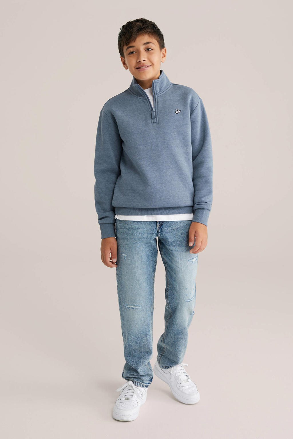 Blauwe jongens WE Fashion Blue Ridge sweater met effen, lange mouwen, opstaande kraag, halve rits en geribde boorden