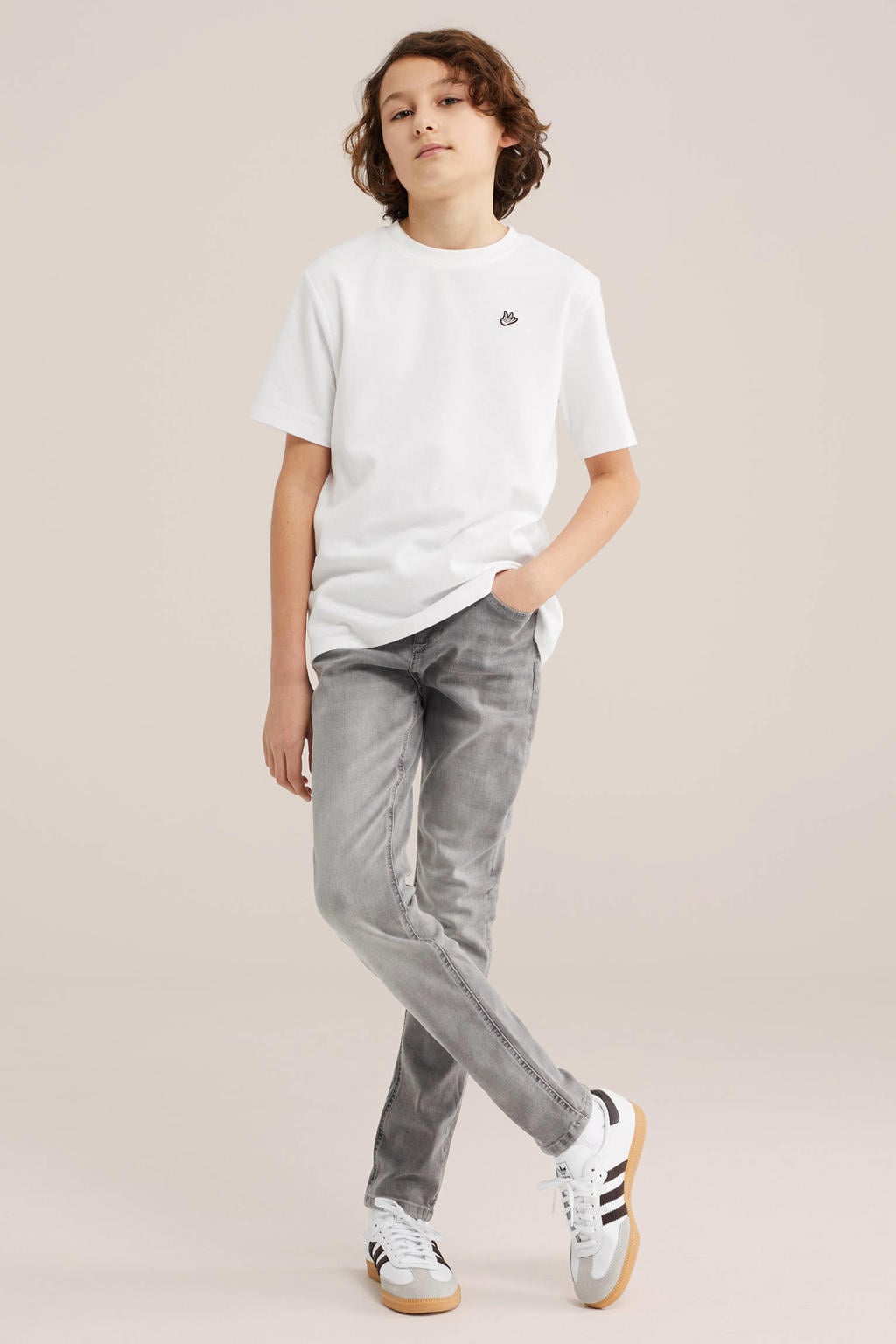 Grey denim jongens WE Fashion Blue Ridge lim fit jeans van katoen met effen