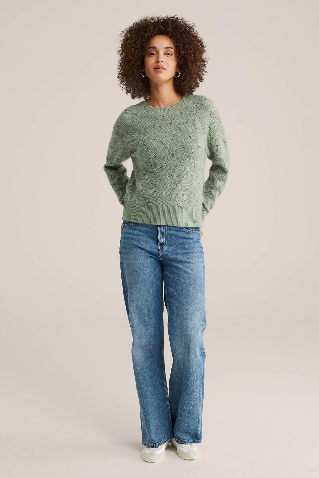 Lichtgroene dames WE Fashion wollen trui met effen, lange mouwen, ronde hals en ingebreid patroon