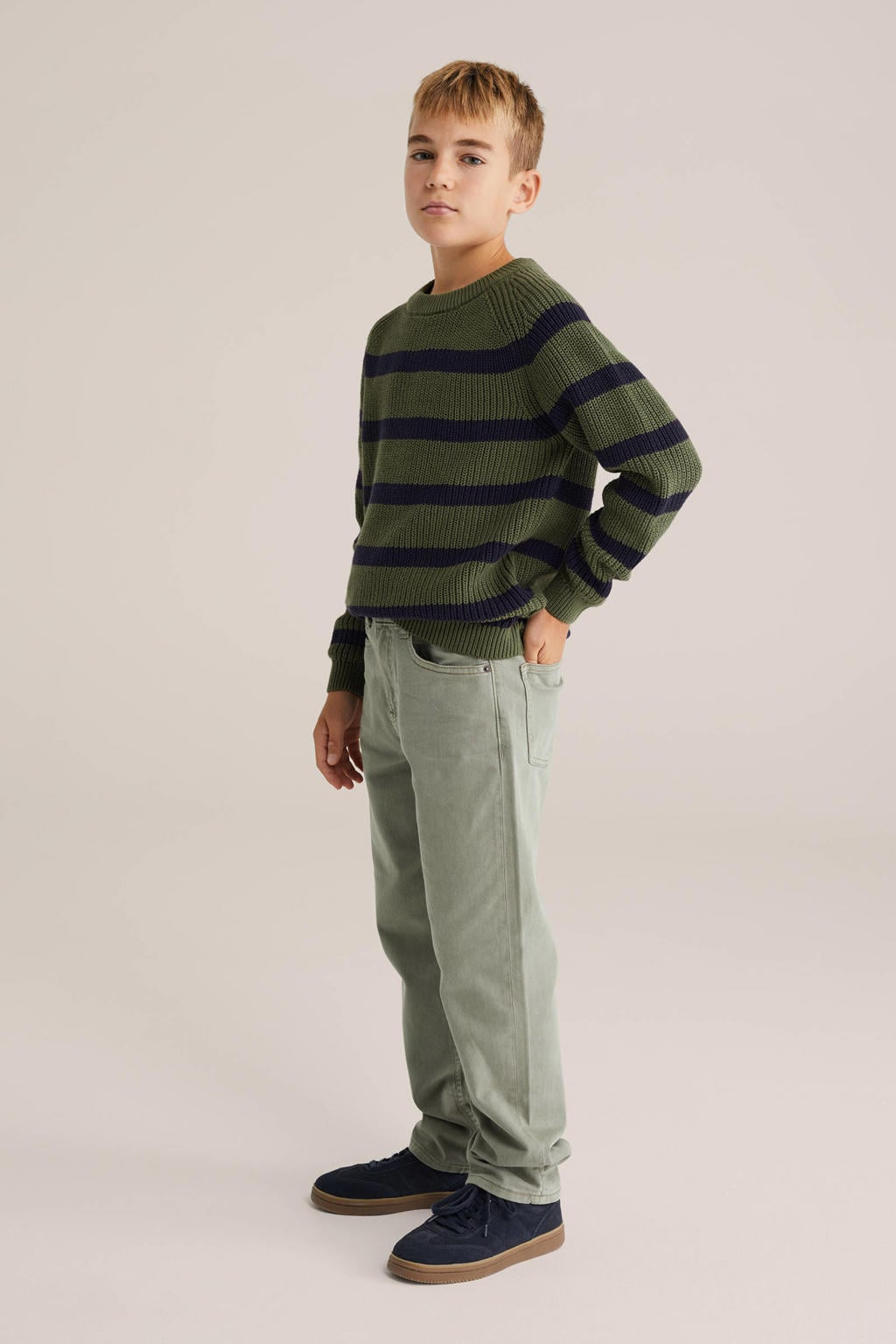Groen en zwarte jongens WE Fashion Blue Ridge gestreepte trui rib gebreid van katoen met lange mouwen en ronde hals
