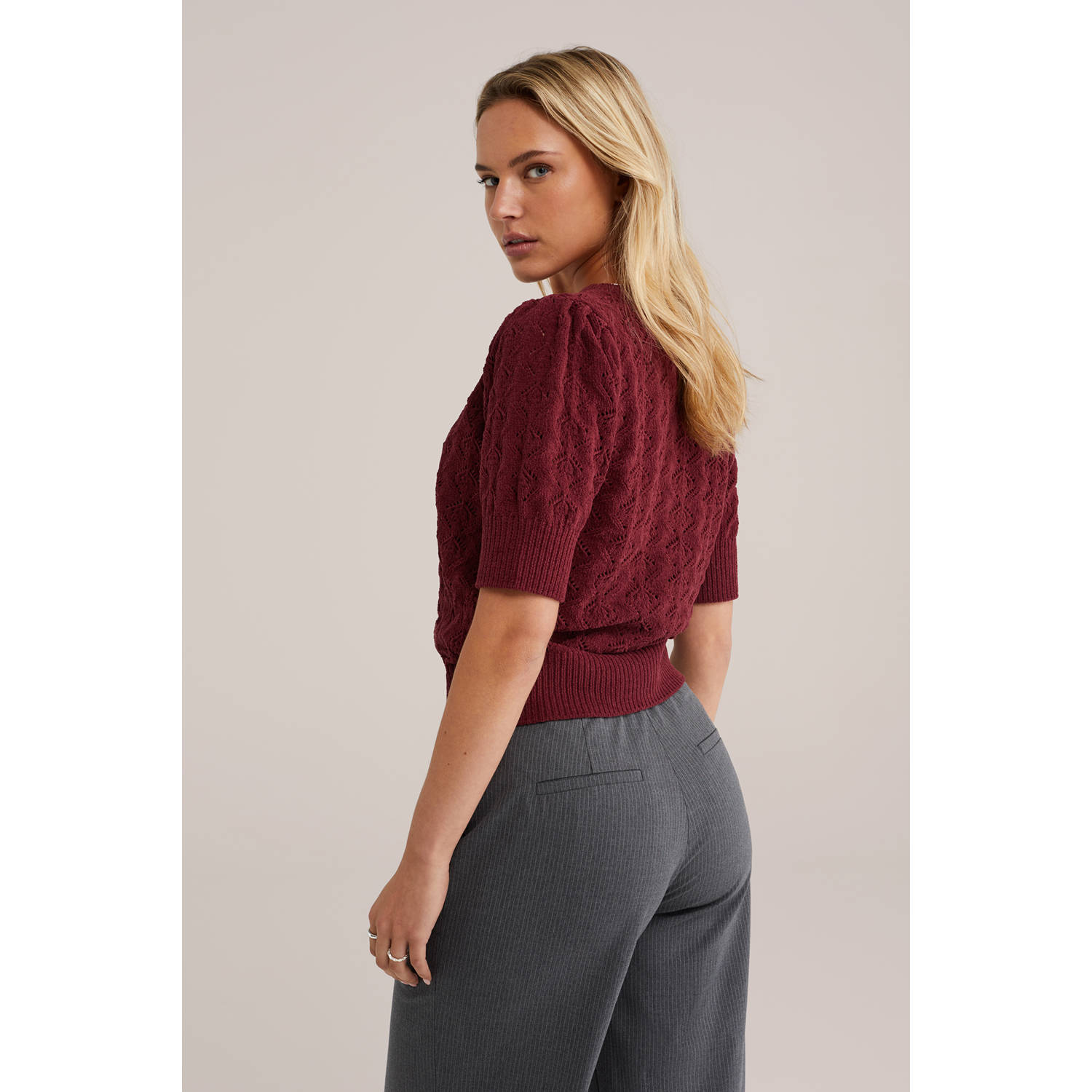 WE Fashion trui donkerrood fijn gebreid