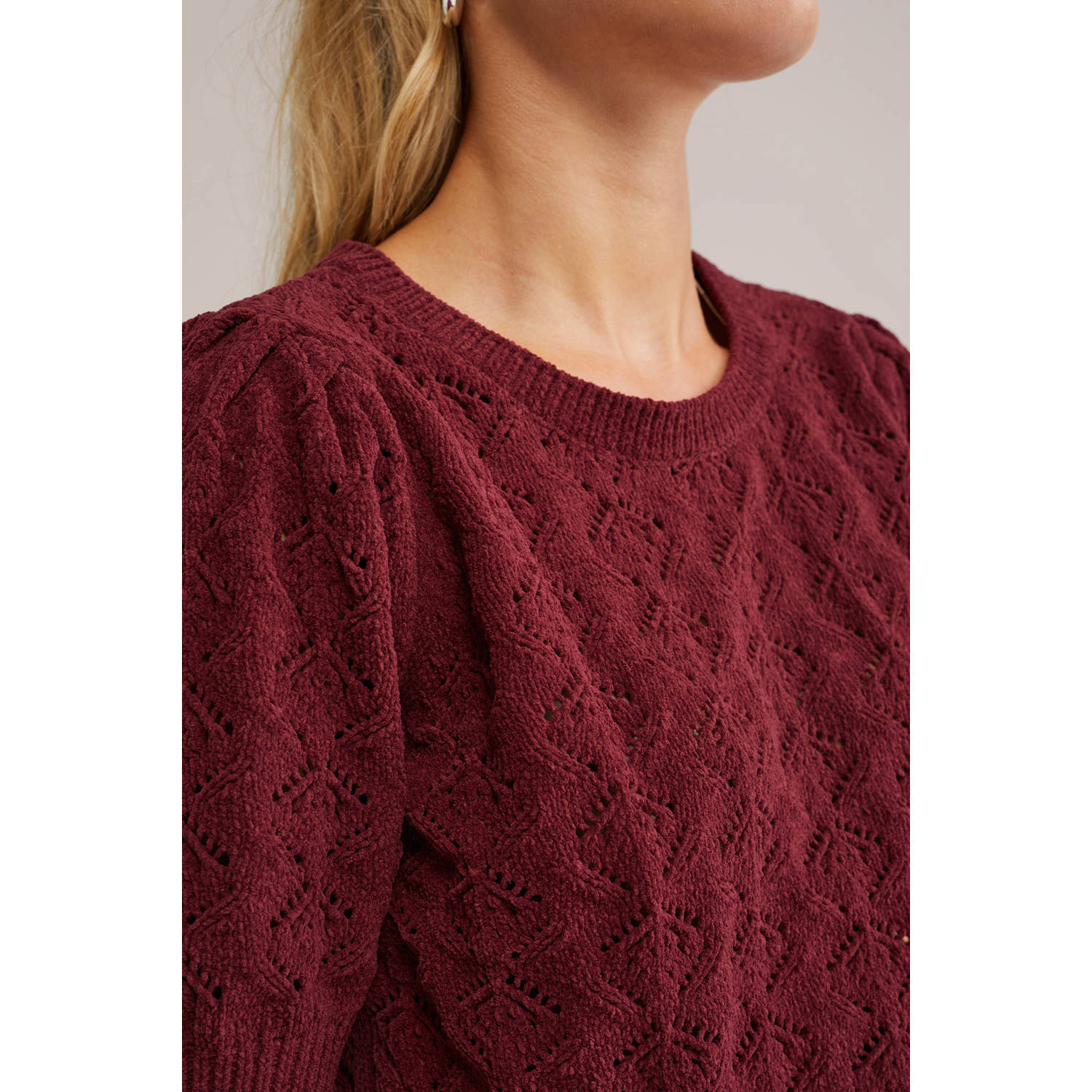 WE Fashion trui donkerrood fijn gebreid