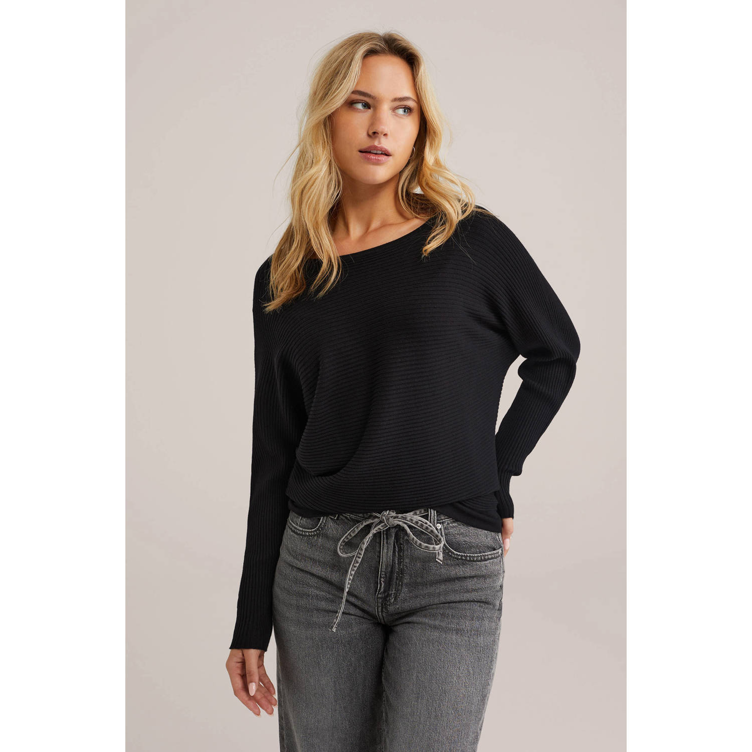 WE Fashion trui zwart rib gebreid