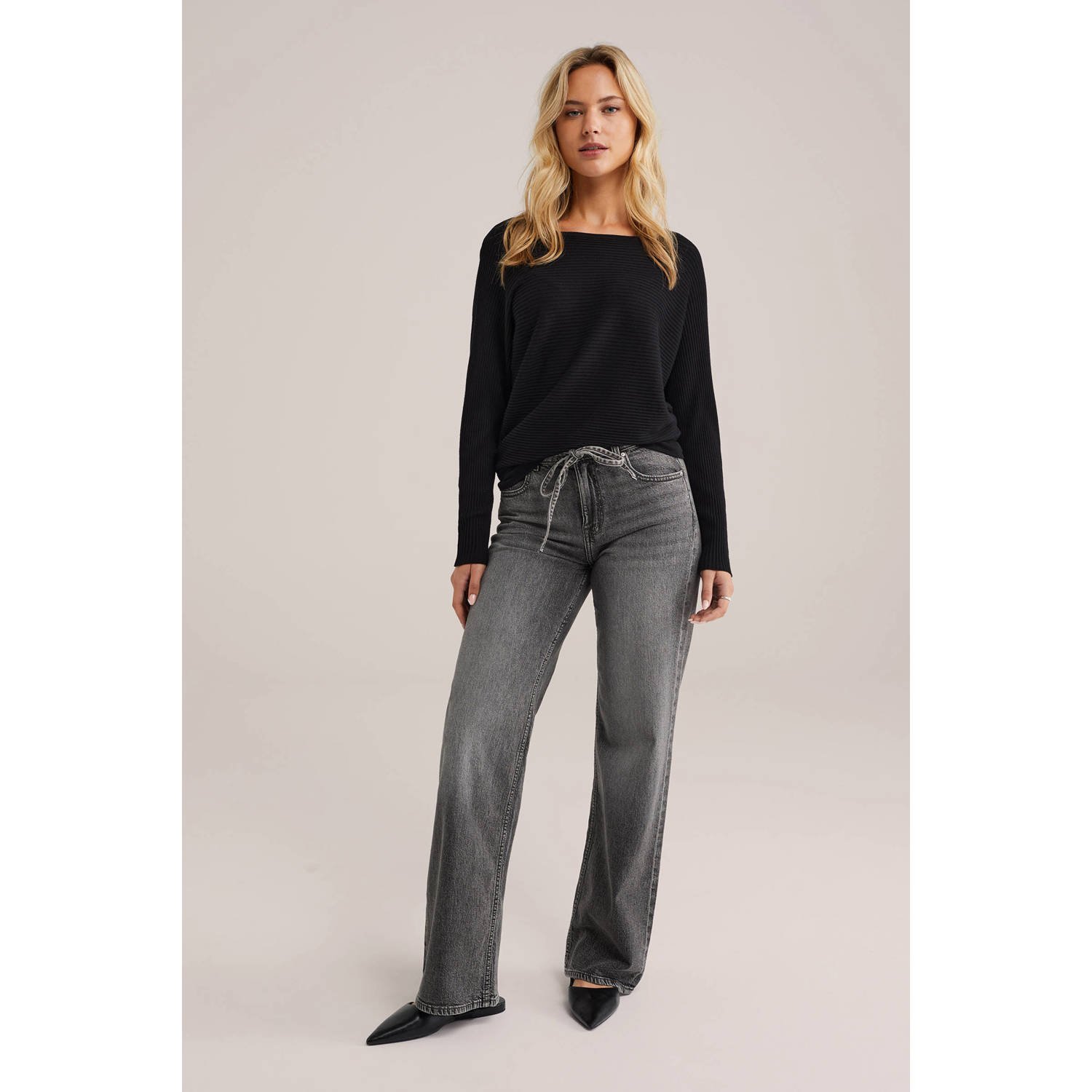 WE Fashion trui zwart rib gebreid