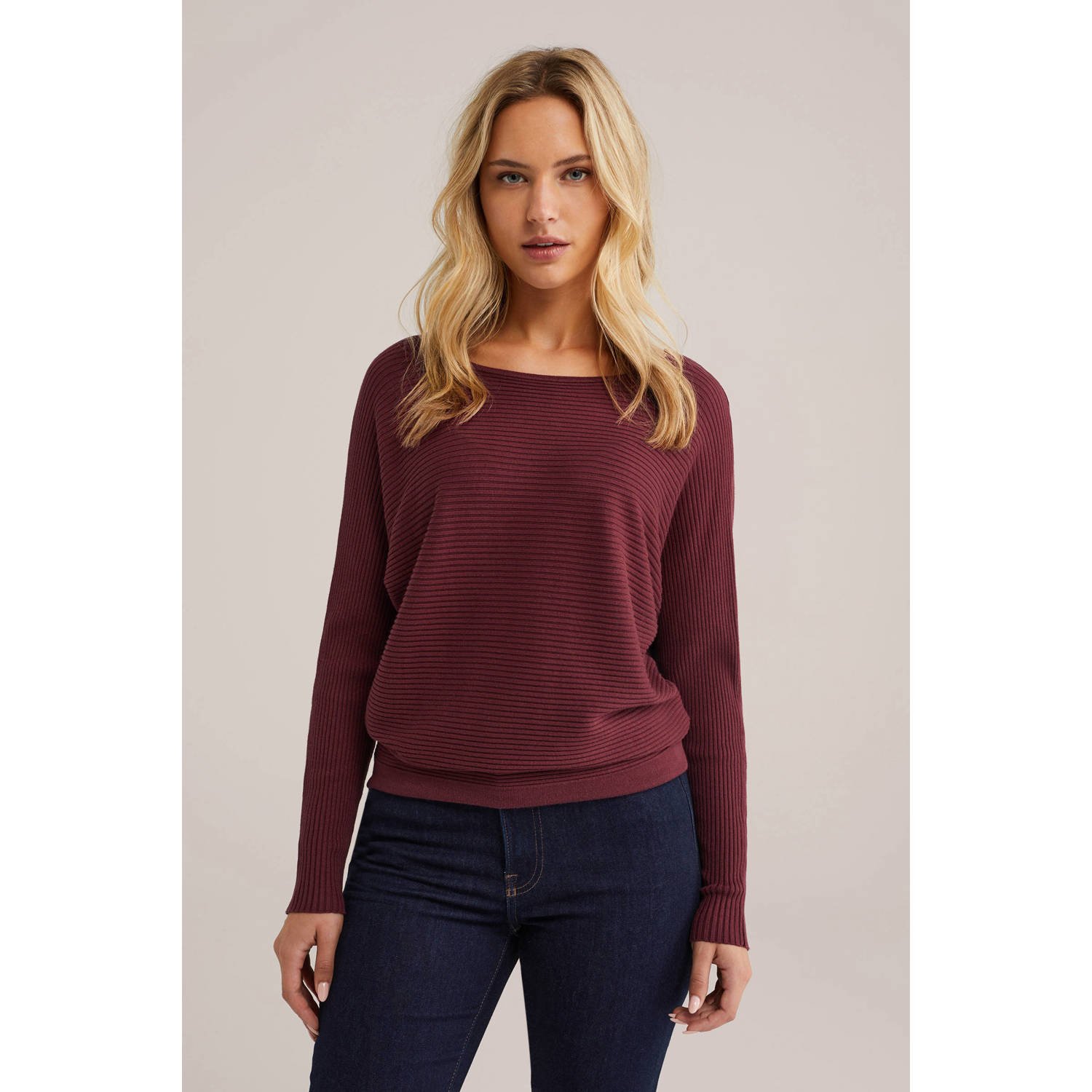 WE Fashion trui donkerrood rib gebreid