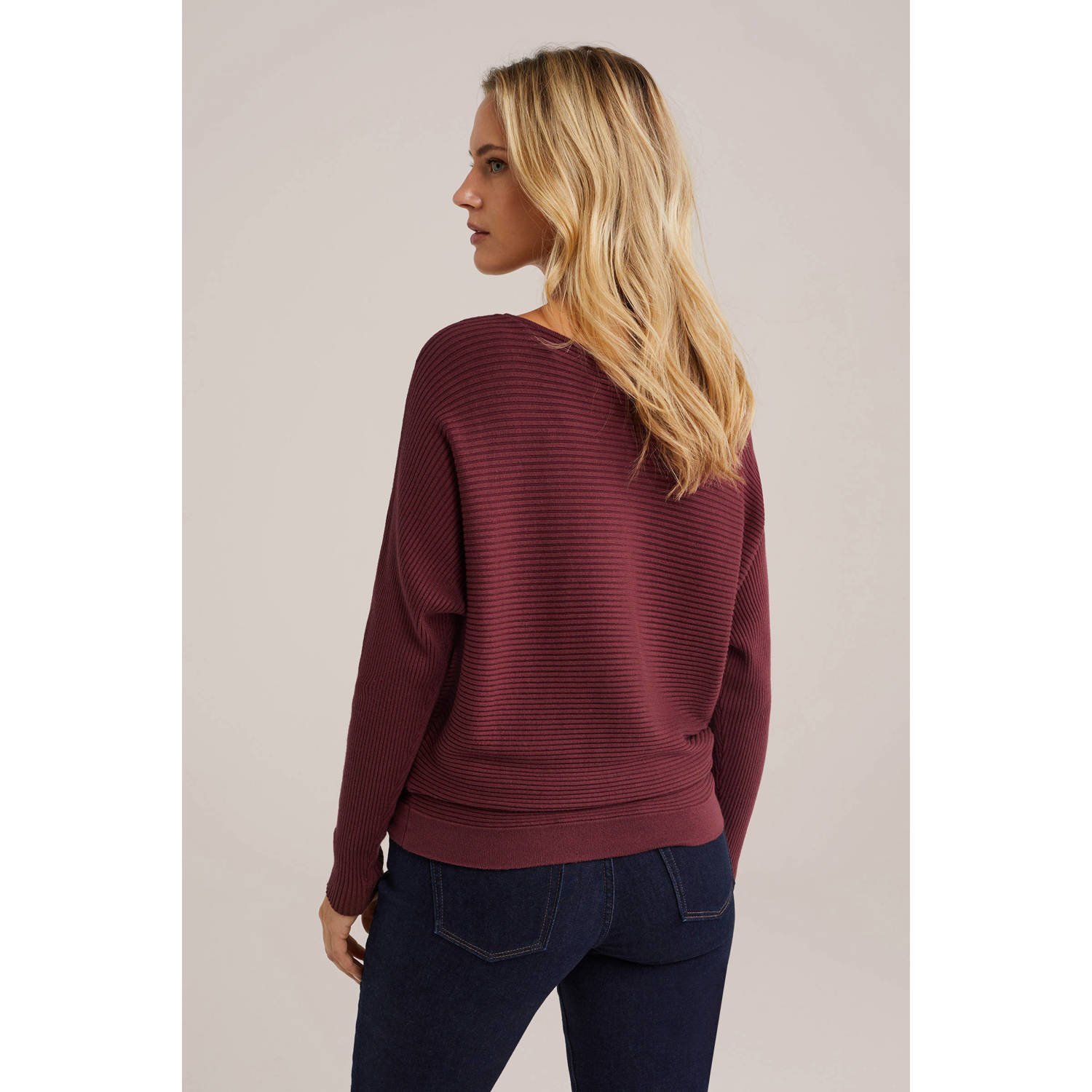 WE Fashion trui donkerrood rib gebreid