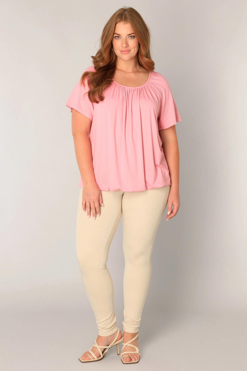 Lichtroze dames Base Level Curvy jersey top met effen, korte mouwen en ronde hals