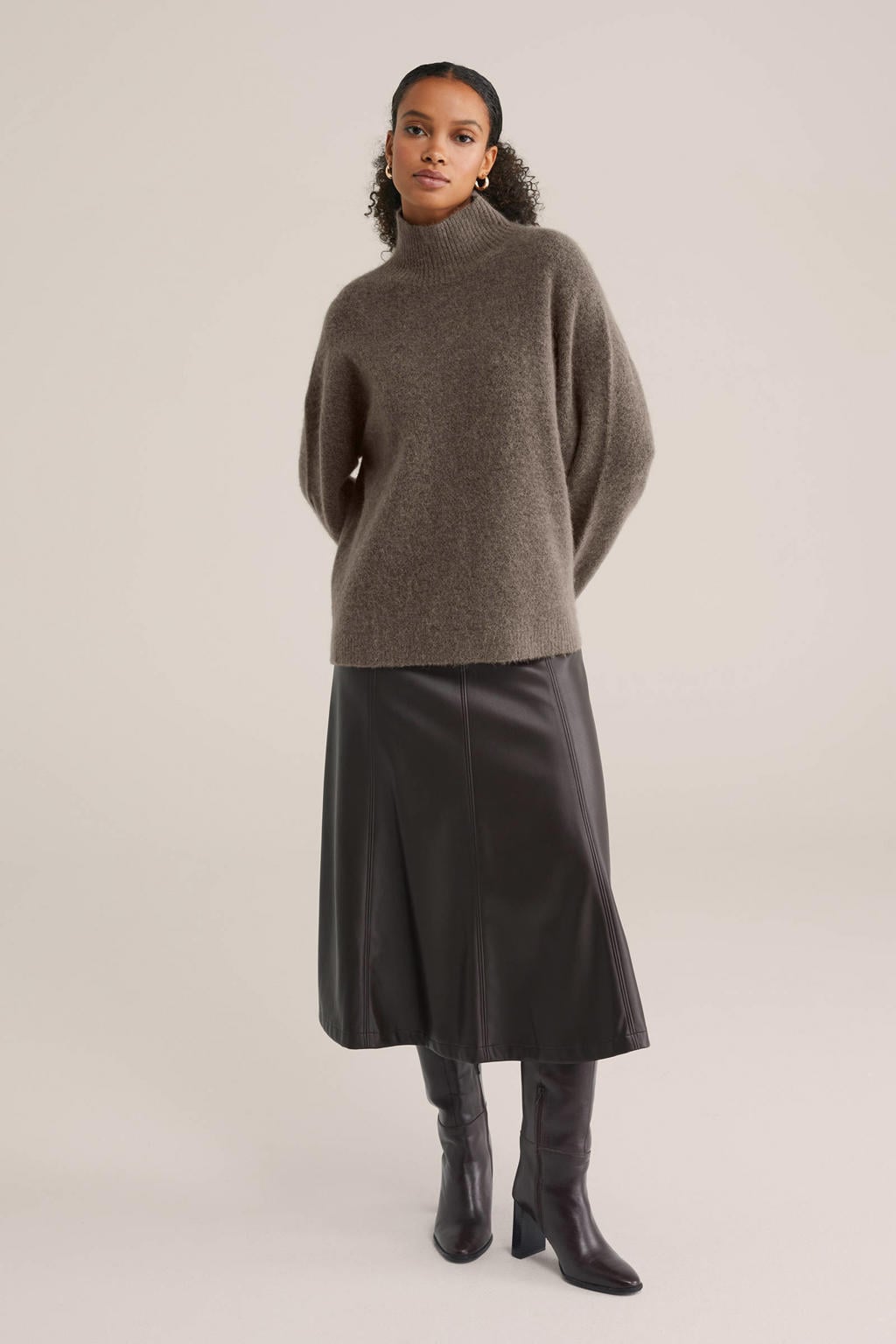 Taupe dames WE Fashion gebreide trui van wol met effen, lange mouwen en col