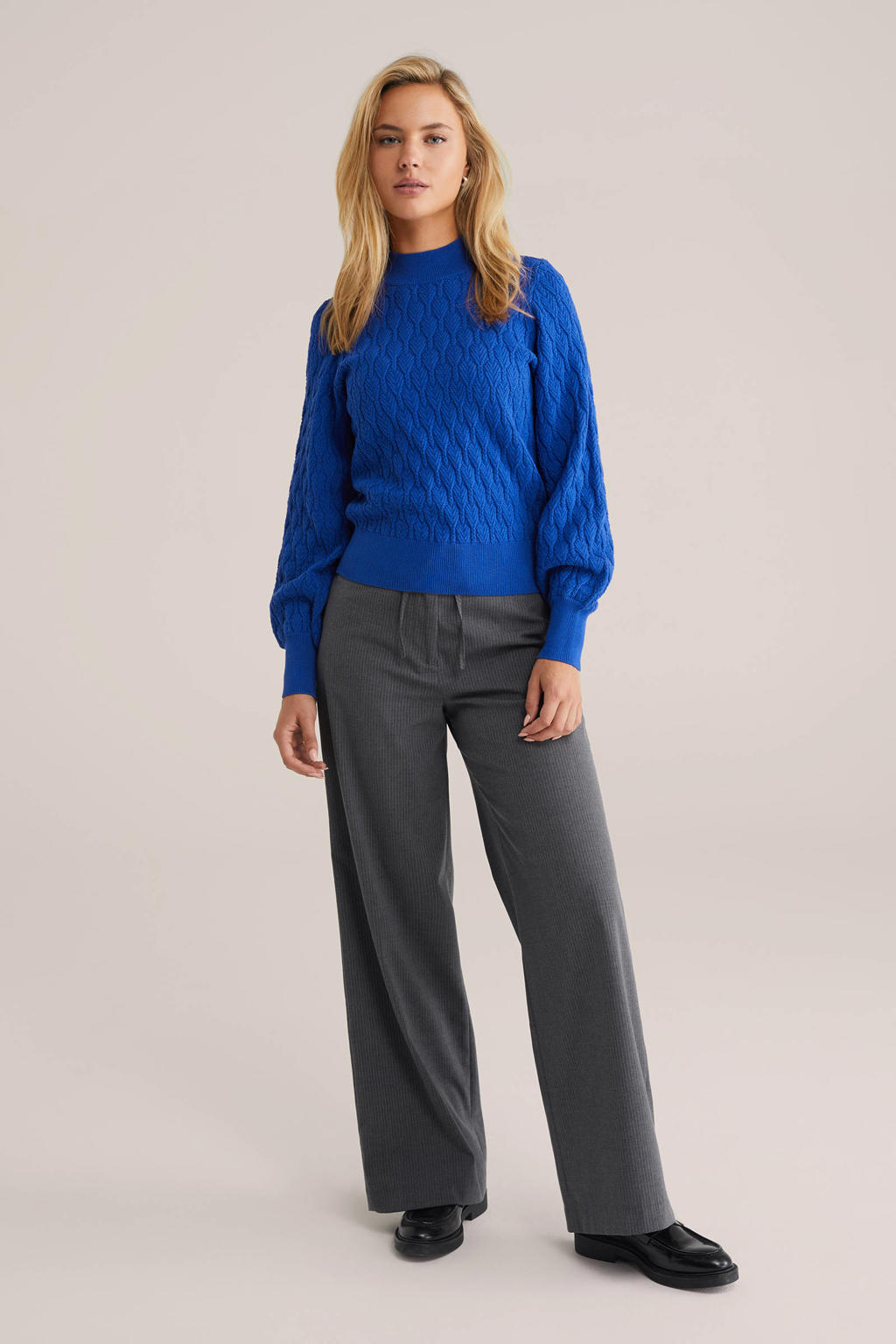 Blauwe dames WE Fashion trui van katoen met effen, lange mouwen, opstaande kraag en ingebreid patroon