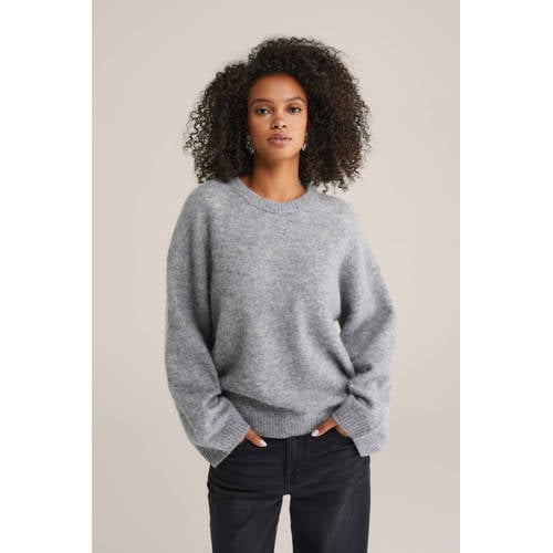 WE Fashion gebreide trui met wol grijs melange afbeelding