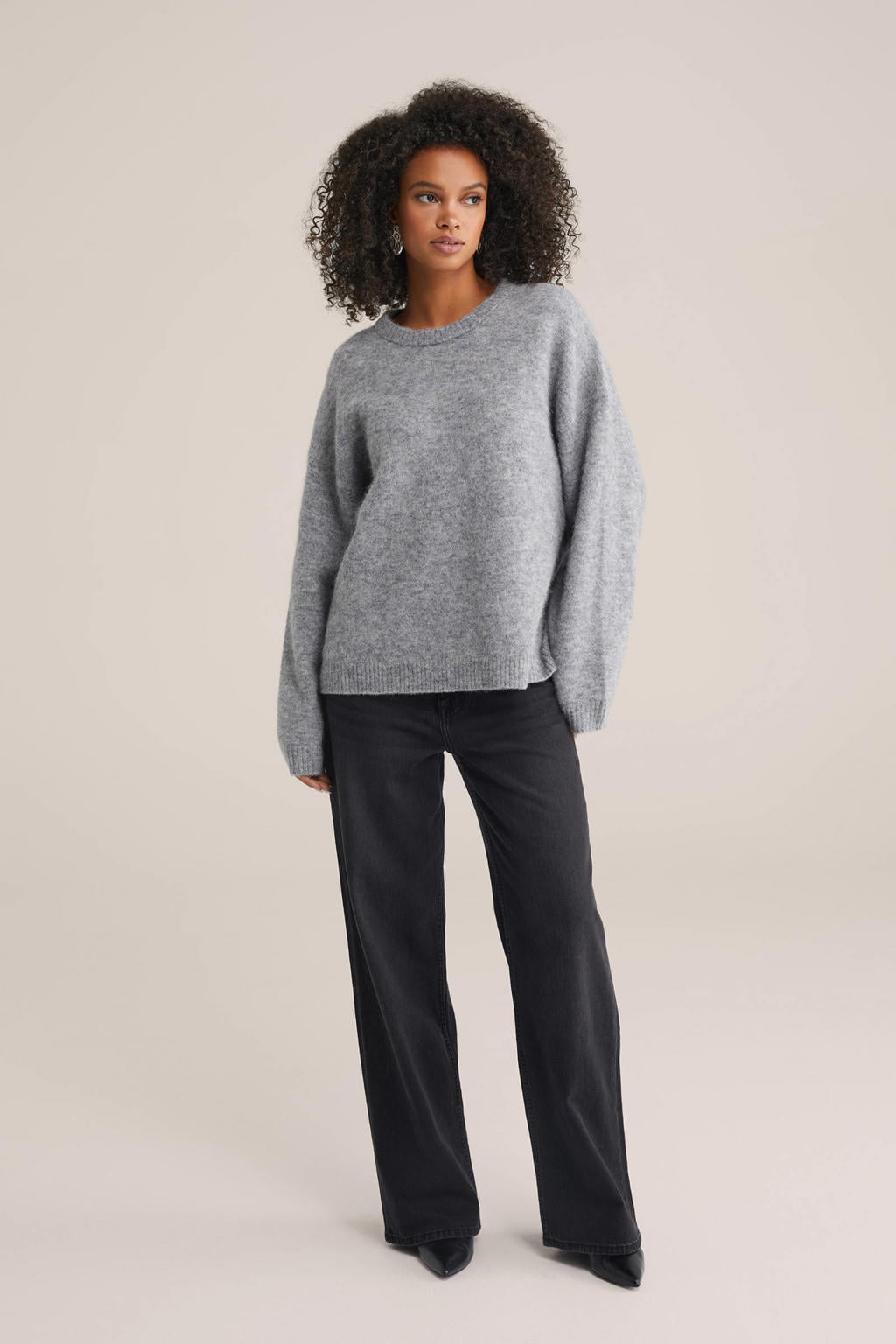 Grijs melange dames WE Fashion gebreide trui melange van wol met effen, lange mouwen en ronde hals