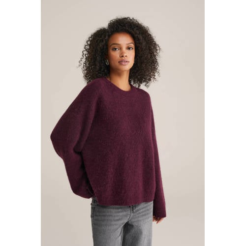 WE Fashion gebreide trui met wol donkerrood afbeelding