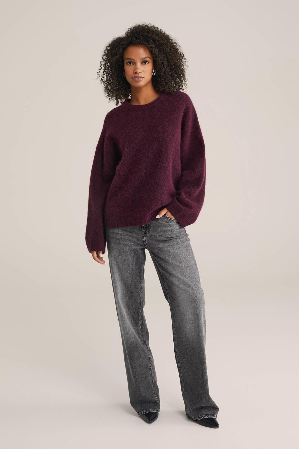Donkerrode dames WE Fashion gebreide trui van wol met effen, lange mouwen en ronde hals