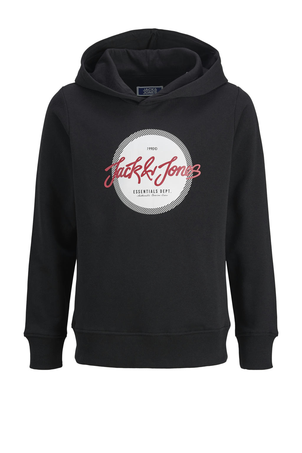 Zwarte jongens JACK & JONES JUNIOR hoodie van sweat materiaal met logo dessin, lange mouwen en capuchon