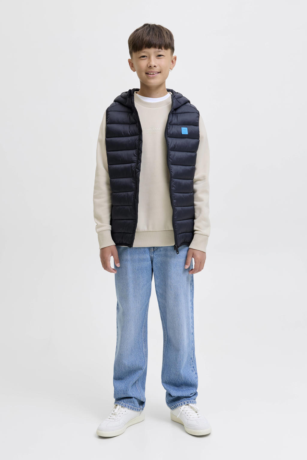 Beige jongens JACK & JONES JUNIOR sweater met tekst print, lange mouwen, ronde hals en geribde boorden