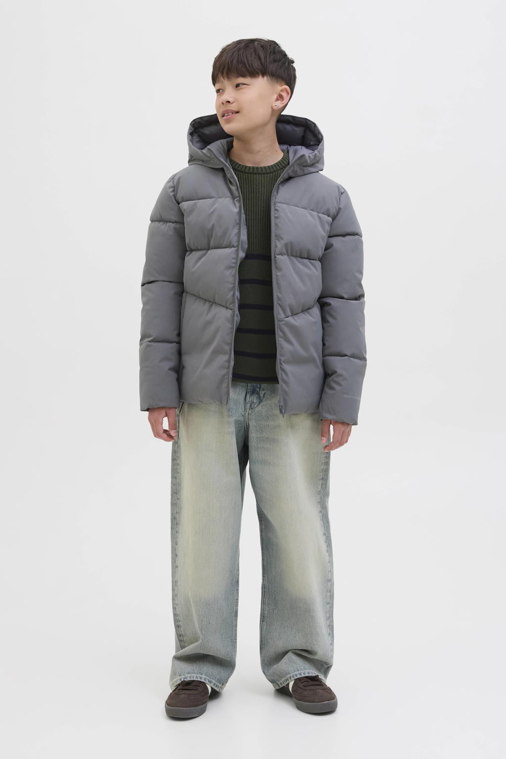 Grijze jongens JACK & JONES JUNIOR gewatteerde jas van polyester met effen, lange mouwen, capuchon en ritssluiting