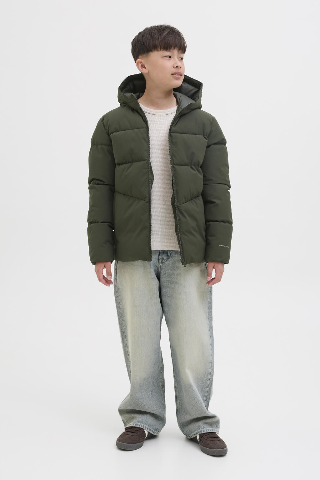 Donkergroene jongens JACK & JONES JUNIOR gewatteerde jas van polyester met effen, lange mouwen, capuchon en ritssluiting