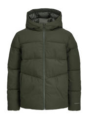 thumbnail: Donkergroene jongens JACK & JONES JUNIOR gewatteerde jas van polyester met effen, lange mouwen, capuchon en ritssluiting