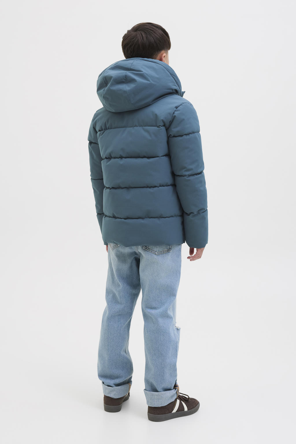 Blauwe jongens JACK & JONES JUNIOR gewatteerde jas van polyester met effen, lange mouwen, capuchon en ritssluiting