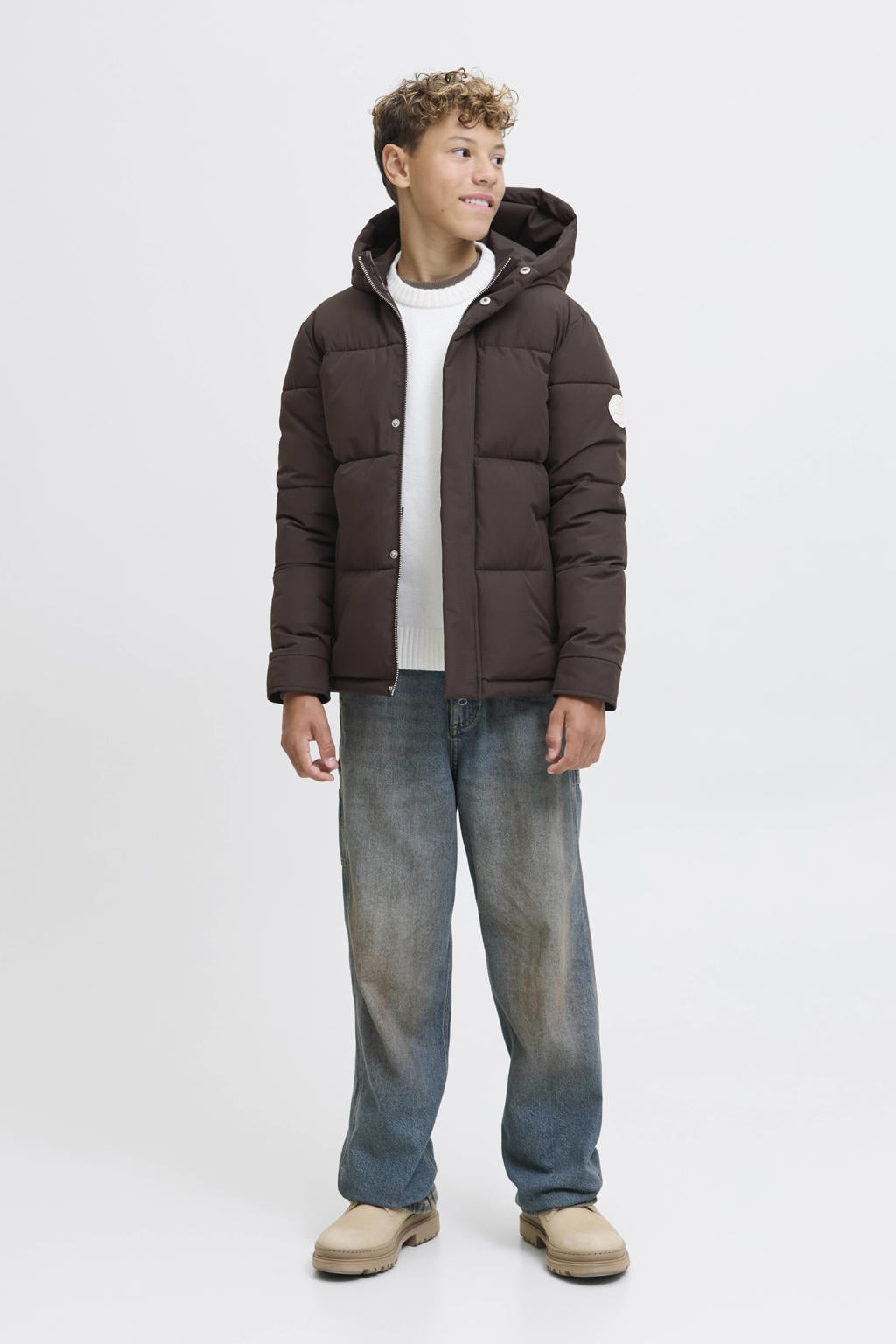 Donkerblauwe jongens JACK & JONES JUNIOR gewatteerde jas van polyester met effen, lange mouwen, capuchon, rits- en drukknoopsluiting en gebreide details