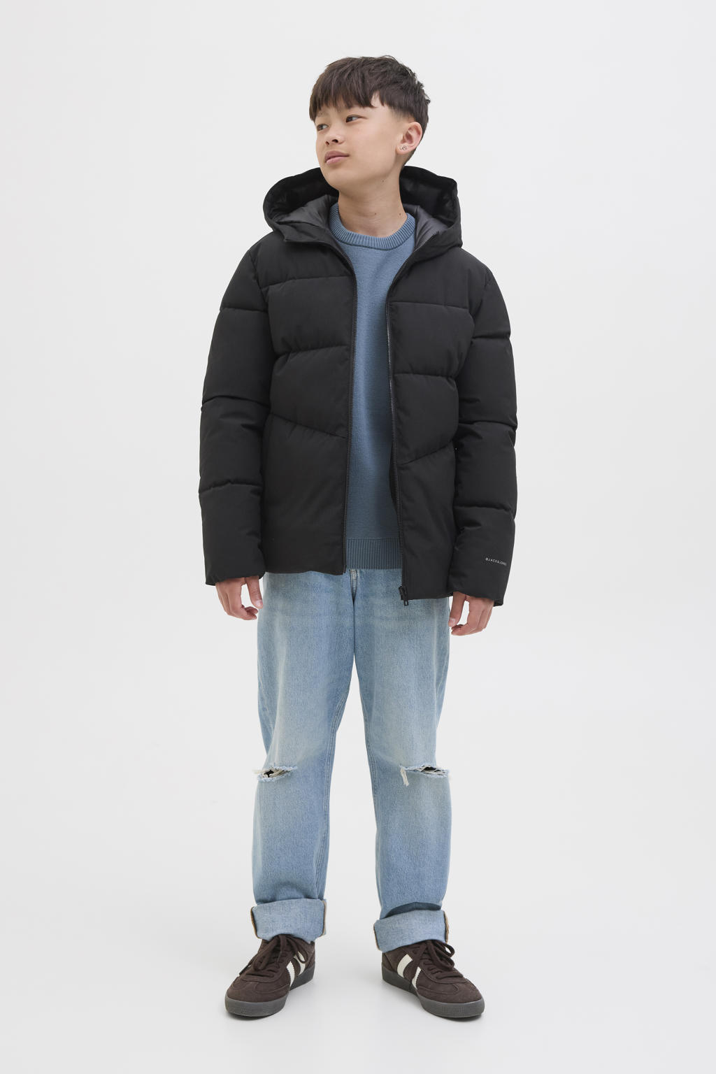 Zwarte jongens JACK & JONES JUNIOR gewatteerde jas van polyester met effen, lange mouwen, capuchon en ritssluiting