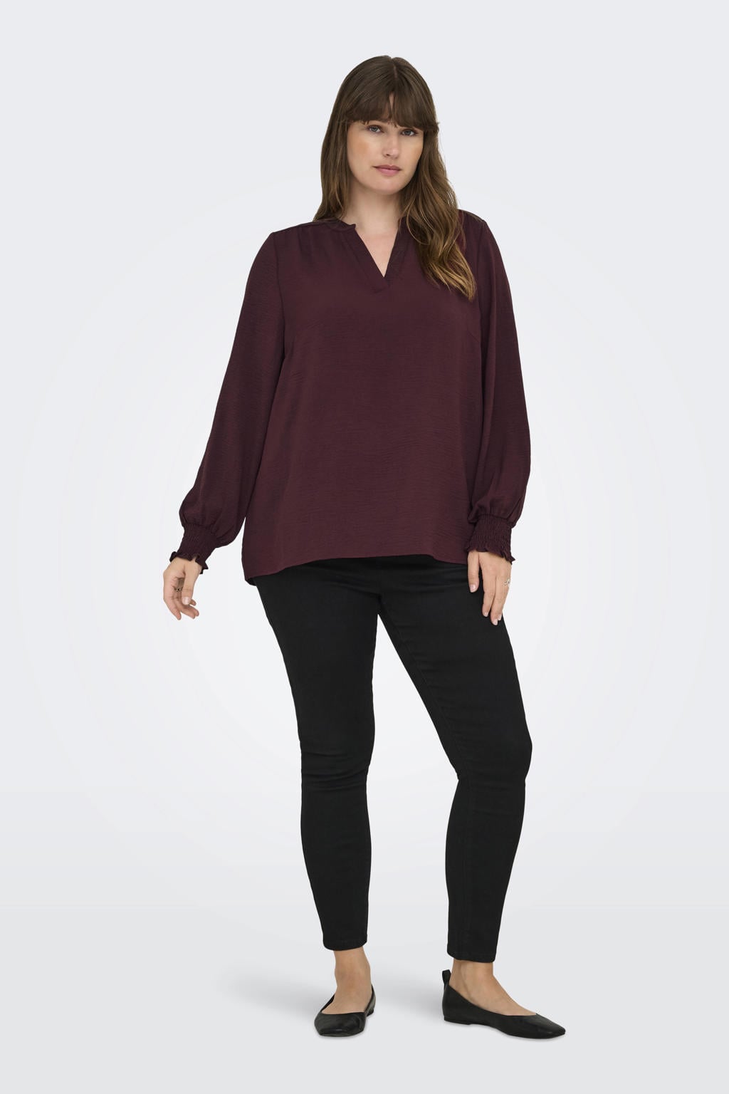 Donkerrode dames ONLY CARMAKOMA top van polyester met effen, lange mouwen, V-hals en geweven detail