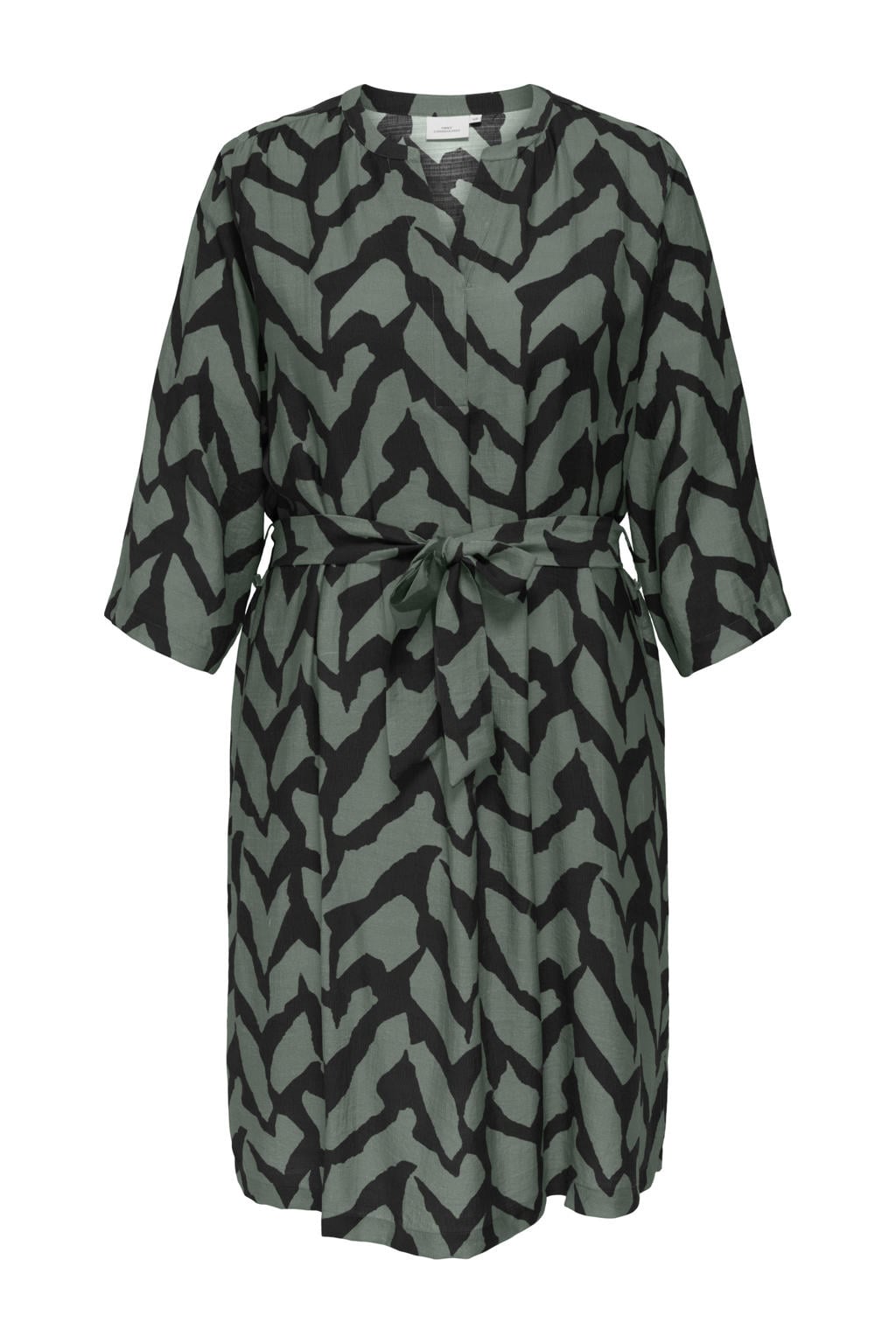 Groen en zwarte dames ONLY CARMAKOMA korte jurk van polyester met driekwart mouwen en V-hals