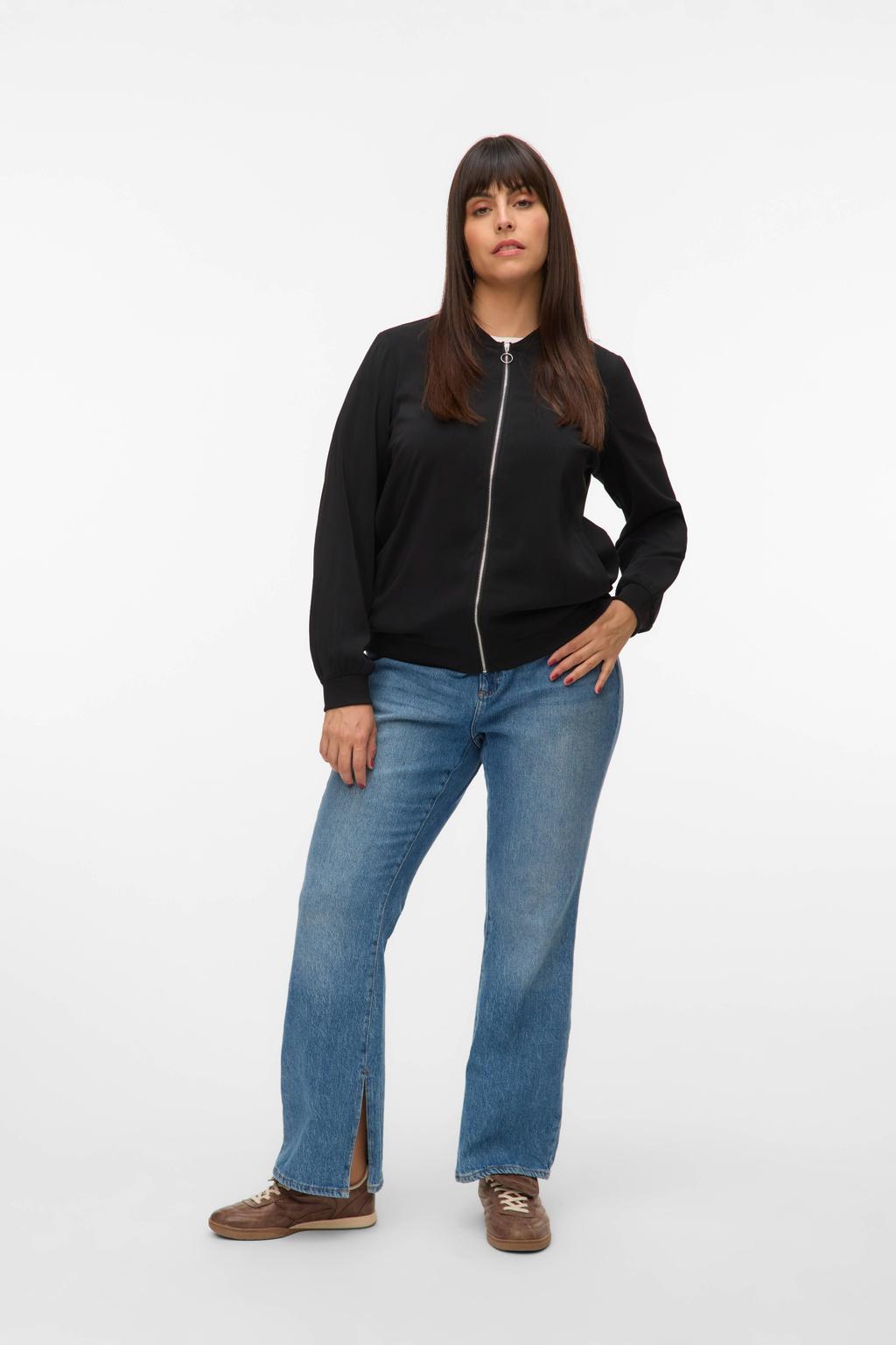 Zwarte dames VERO MODA CURVE bomberjack van polyester met effen, lange mouwen, ronde hals en ritssluiting
