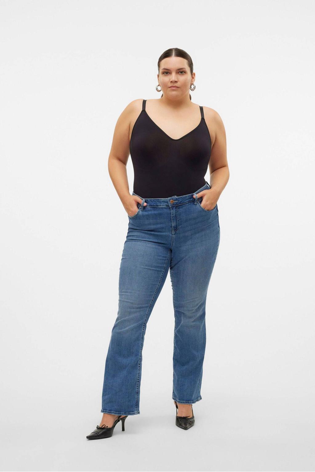 Dark blue denim dames VERO MODA CURVE flared jeans dark blue van denim met rits- en knoopsluiting en effen