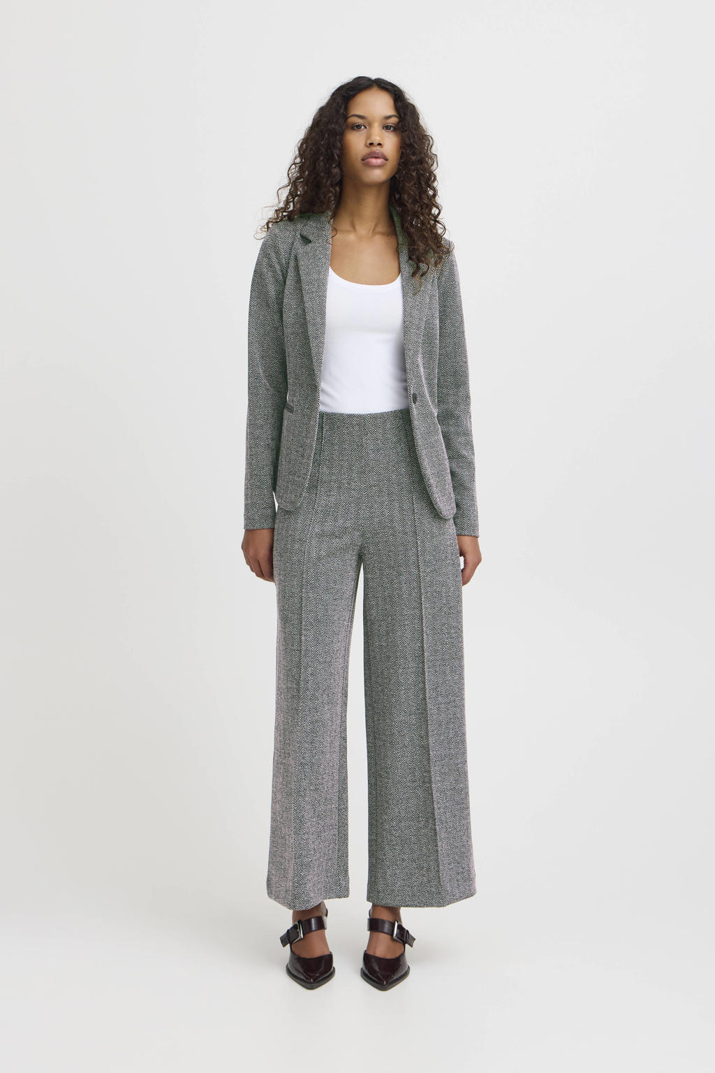 Grijze dames ICHI wide leg high waist broek met effen