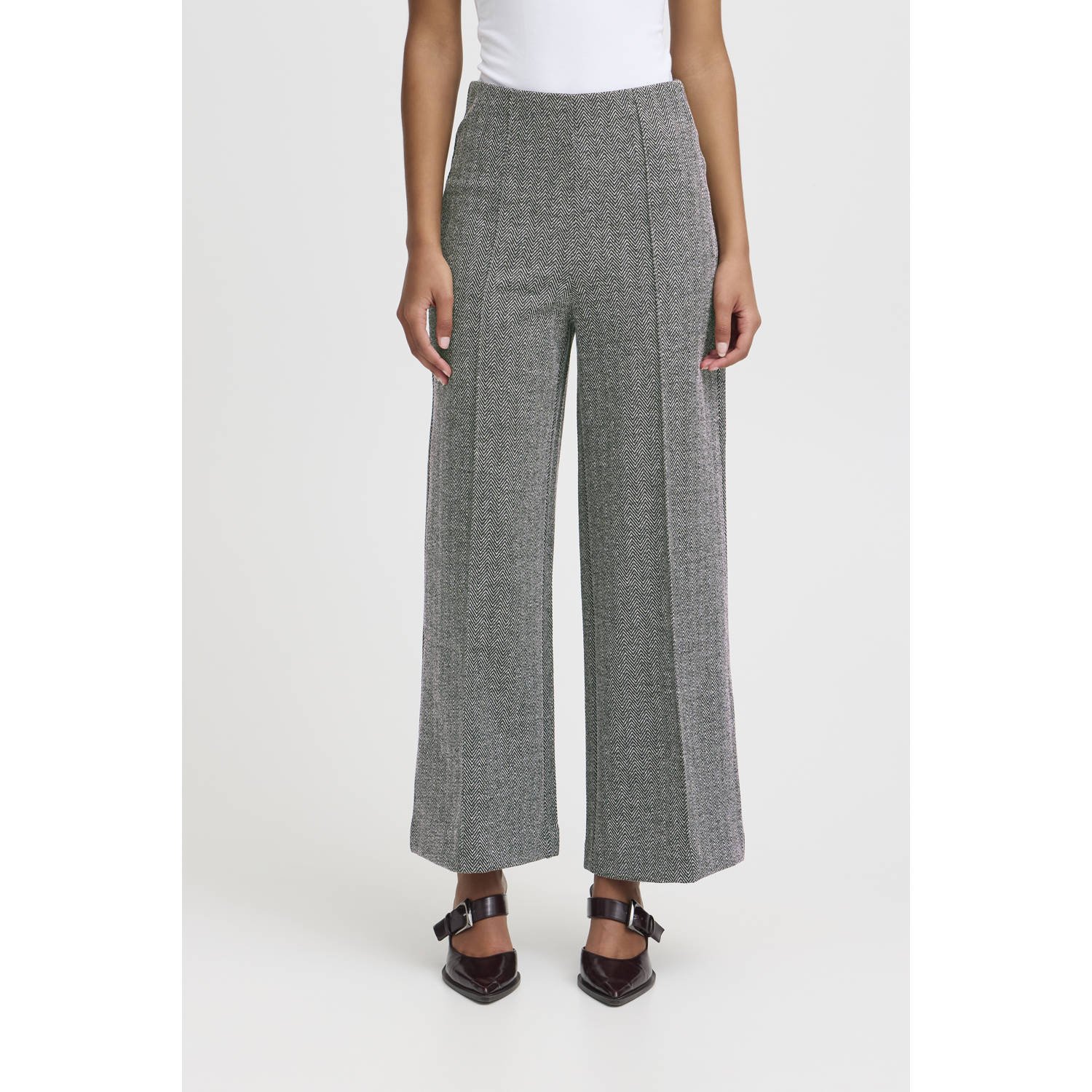 ICHI wide leg high waist broek grijs
