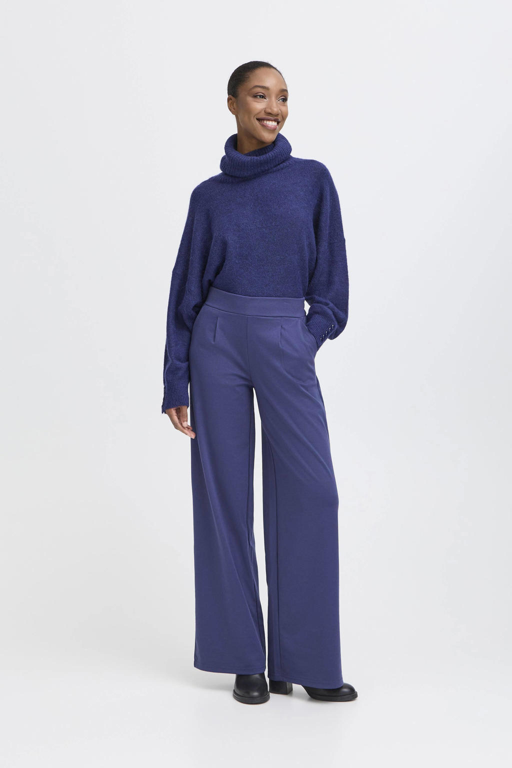Blauwe dames ICHI wide leg high waist broek met effen