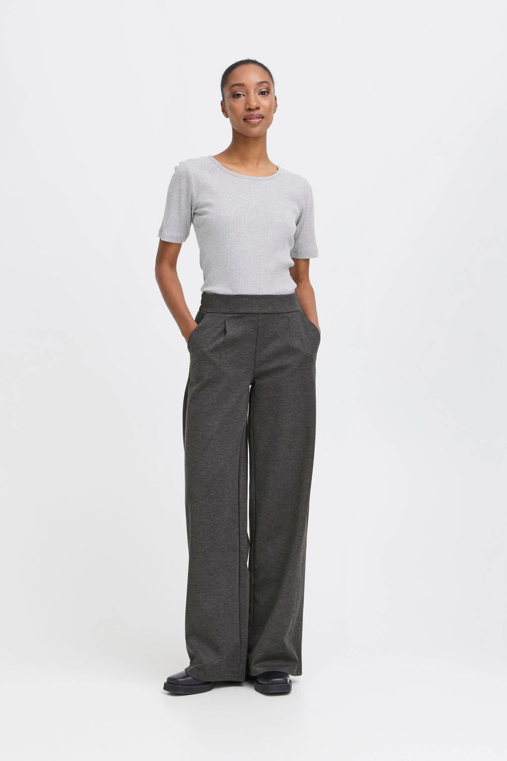 Grijze dames ICHI wide leg high waist broek