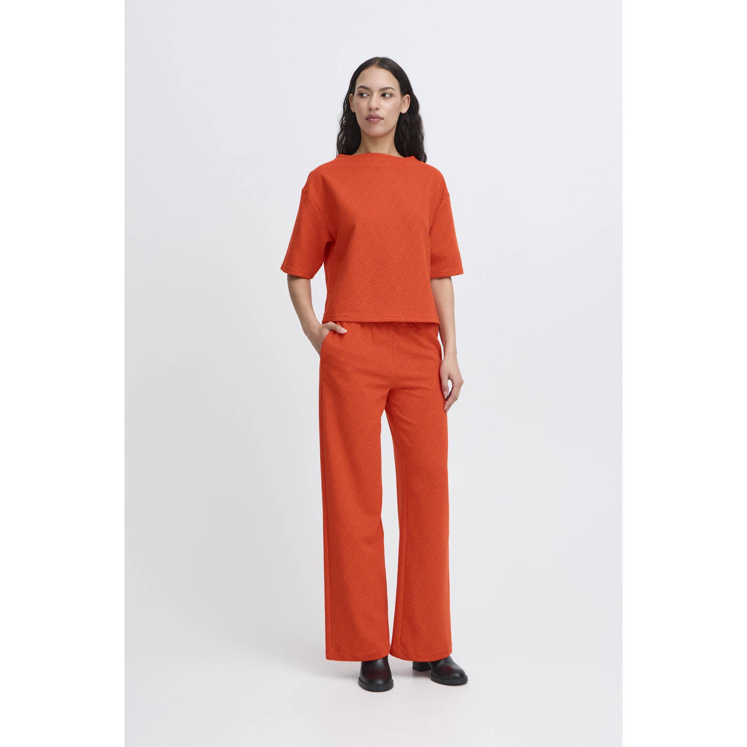 ICHI wide leg high waist broek koraalrood