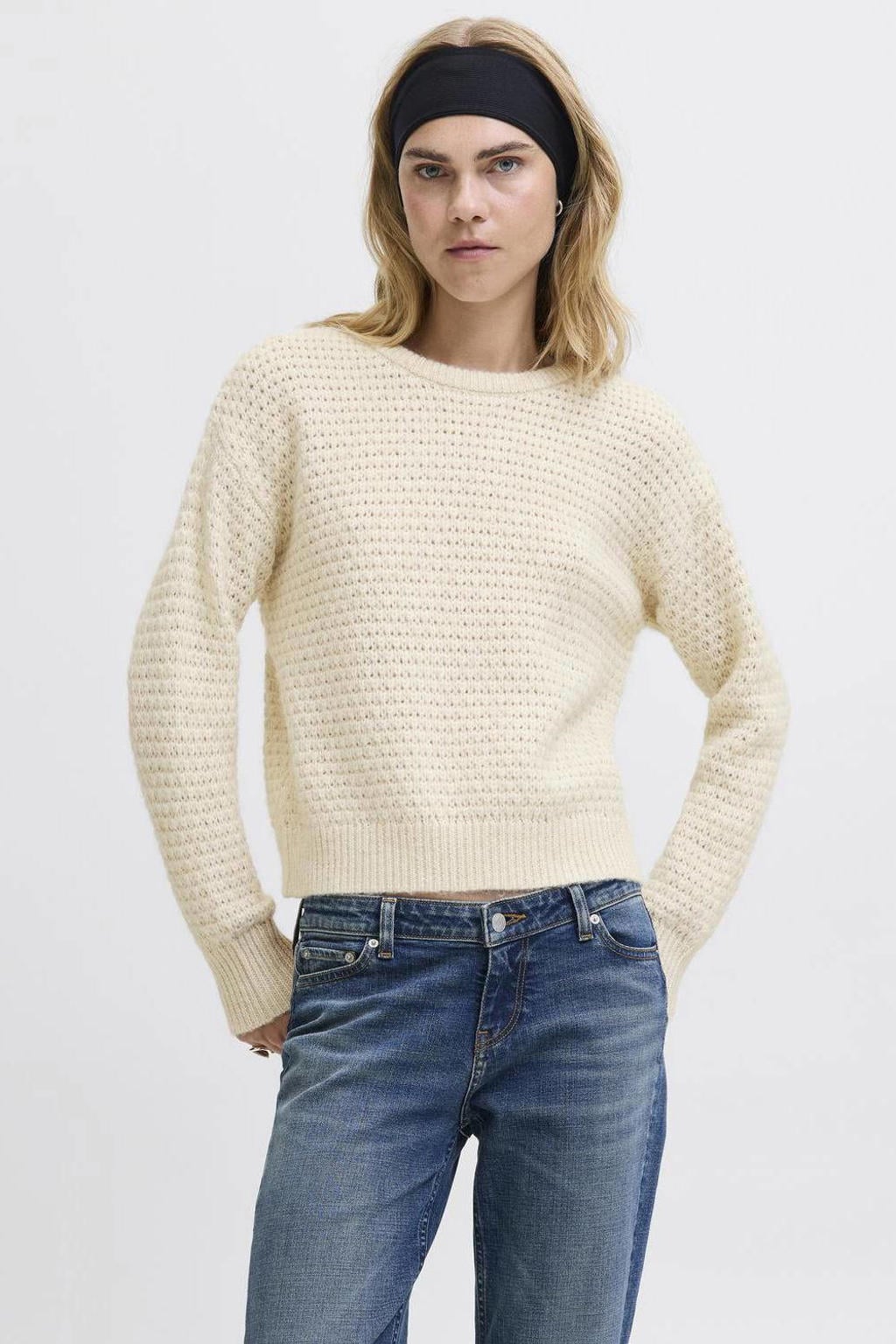 Ecru dames JJXX gebreide trui van polyester met effen, lange mouwen en ronde hals