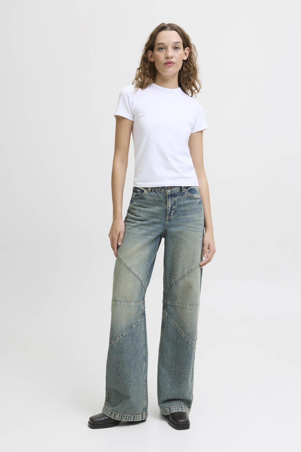 Blauwe dames JJXX barrel jeans van denim met regular waist, rits- en knoopsluiting en effen