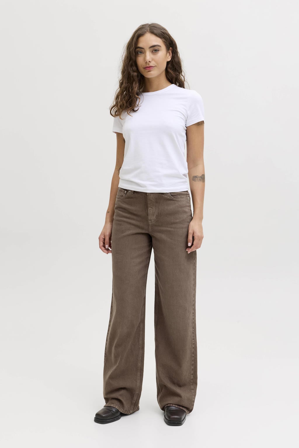 Bruine dames JJXX high waist wide leg jeans van denim met rits- en knoopsluiting en effen