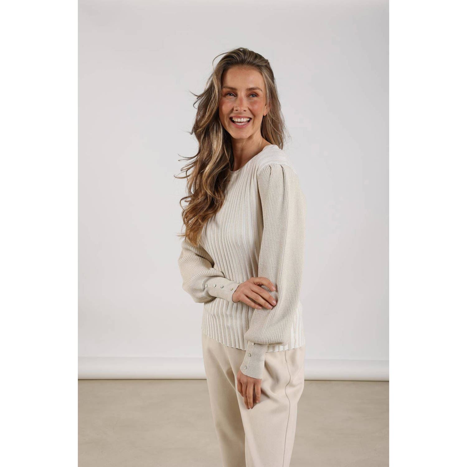 NUKUS pullover trui crème rib gebreid
