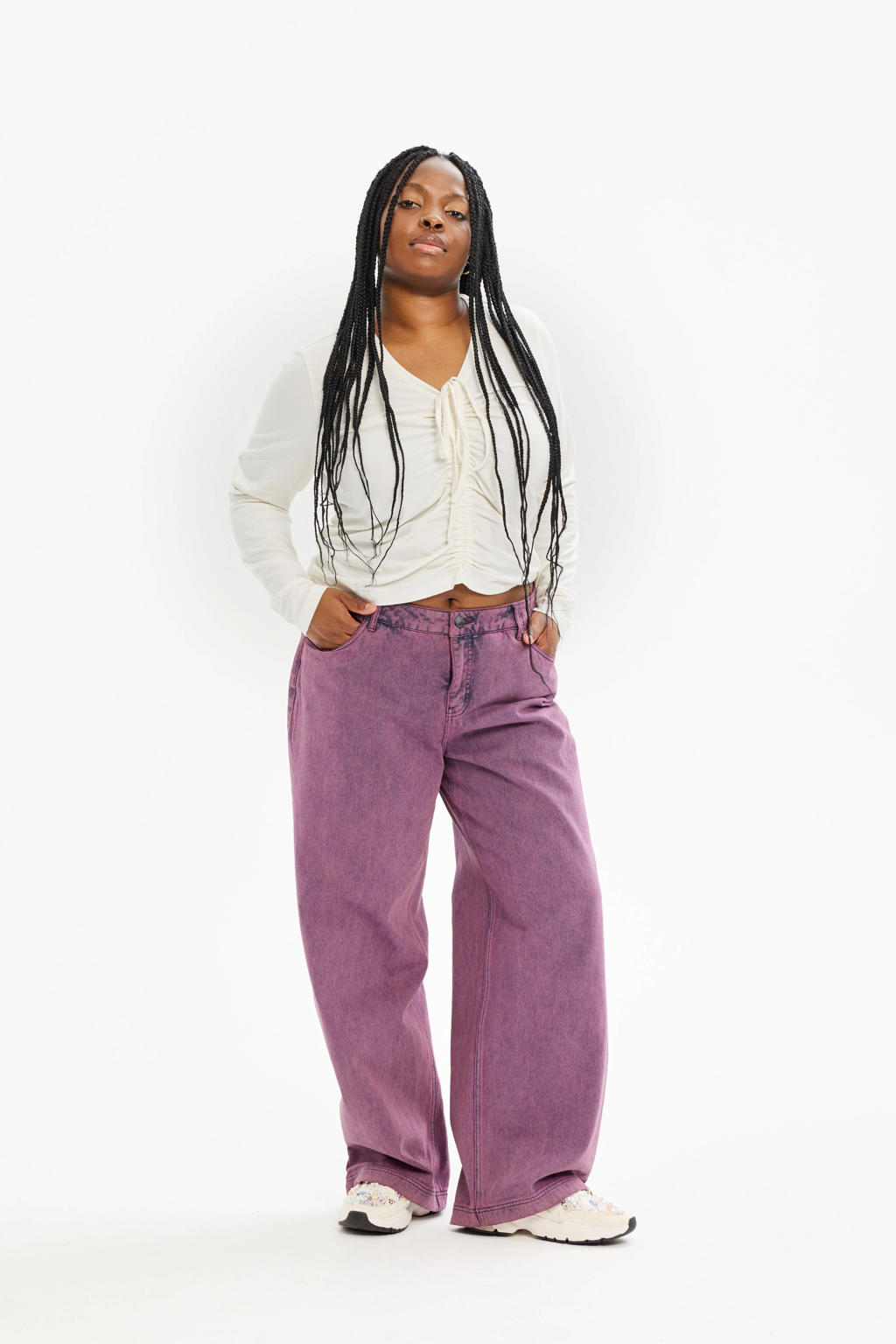 Paarse dames Anyday wide leg low waist broek van denim met rits- en knoopsluiting en effen