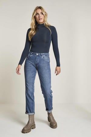 high waist straight leg jeans medium blue denim