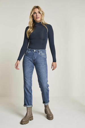 high waist straight leg jeans medium blue denim