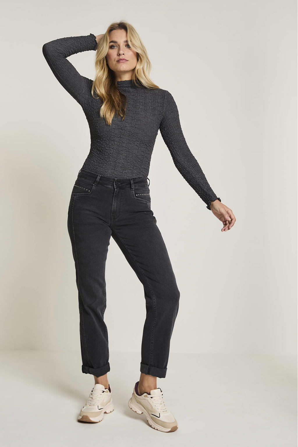 Zwarte dames Para Mi high waist straight leg jeans van stretchdenim met rits- en knoopsluiting en effen
