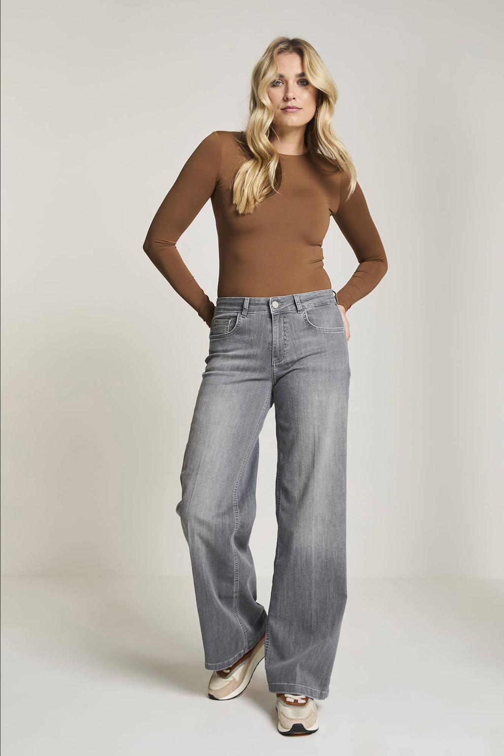 Grey denim dames Para Mi high waist straight leg jeans van stretchdenim met rits- en knoopsluiting en effen