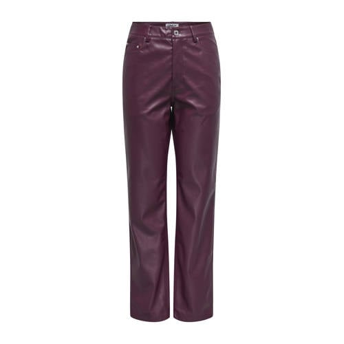ONLY straight regular waist coated broek donkerrood afbeelding